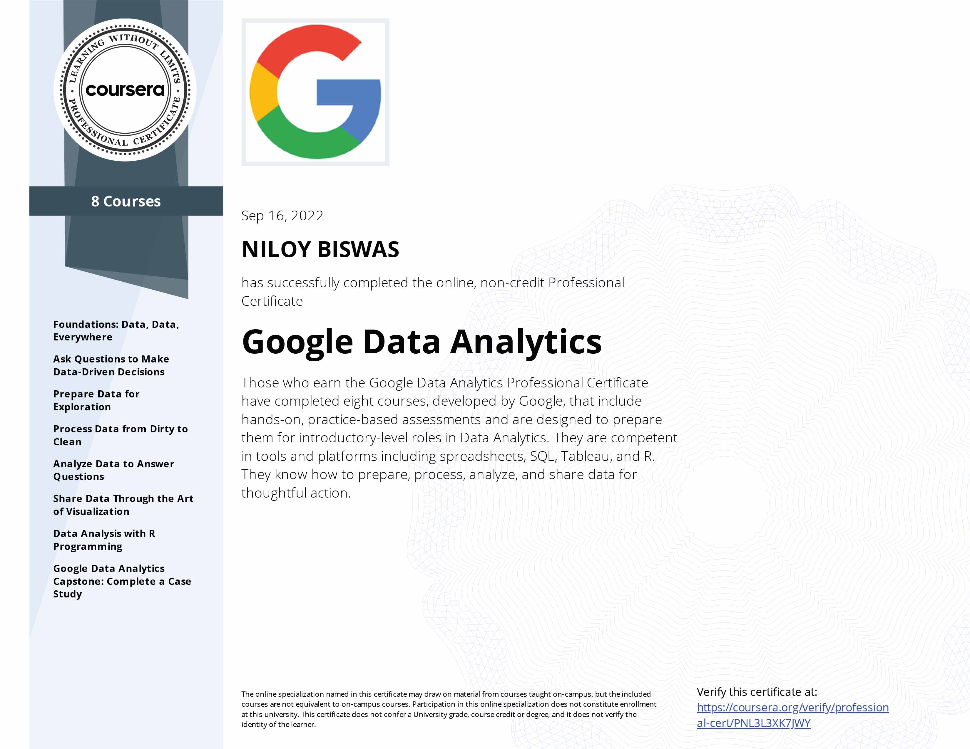 Niloy Biswas Google Data Analytics Specialization Certificate